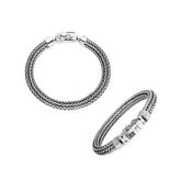 Product photo showing a 7MM 925 sterling silver woven rope bracelet from two angles with a secure latch clasp on a white background.